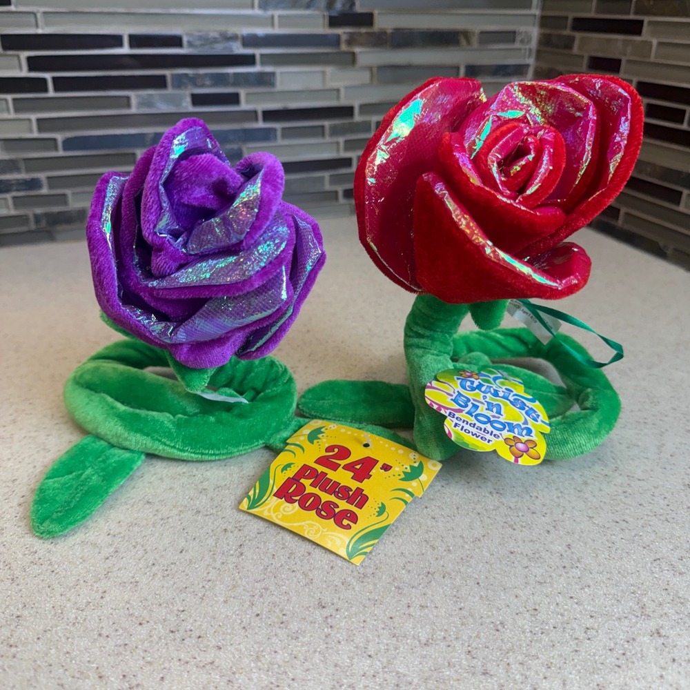 NEW Set of Twist n Bloom 24" Bendable Plush Flowers Red & Purple Roses Vintage